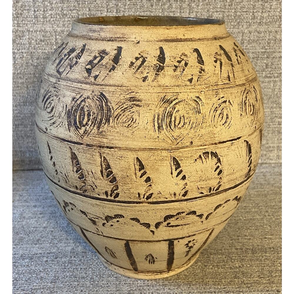Vintage Studio Pottery Vase Signed Earth Carved Textured Brown Tan 8”